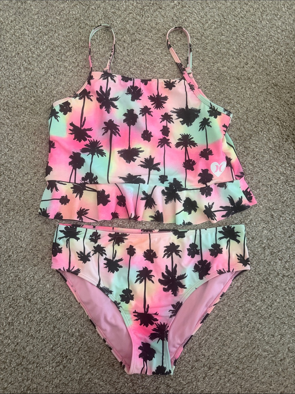 Hurley Kids Pink & Mint Palm Tree Ruffle Tankini